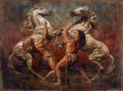мъже с препаски укротяват два коня