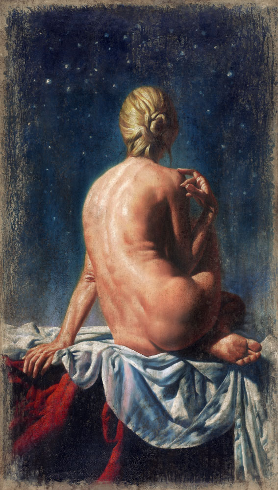 гола жена гледа към звездно небе